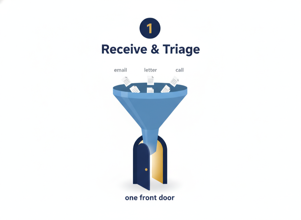One front door — email, letter and call funnelled into a single intake